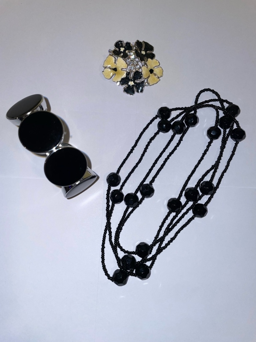 Black Glass Beaded Necklace Enamel Brooch and Acrylic Bracelet Bundle